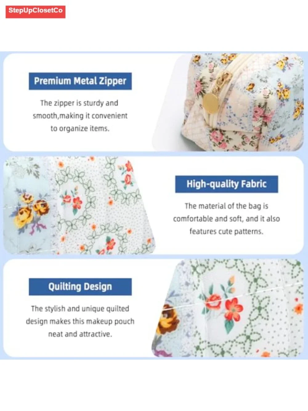 Quilted Cotton Makeup Bag Floral Travel Toiletry Pouch Cute Zipper Small